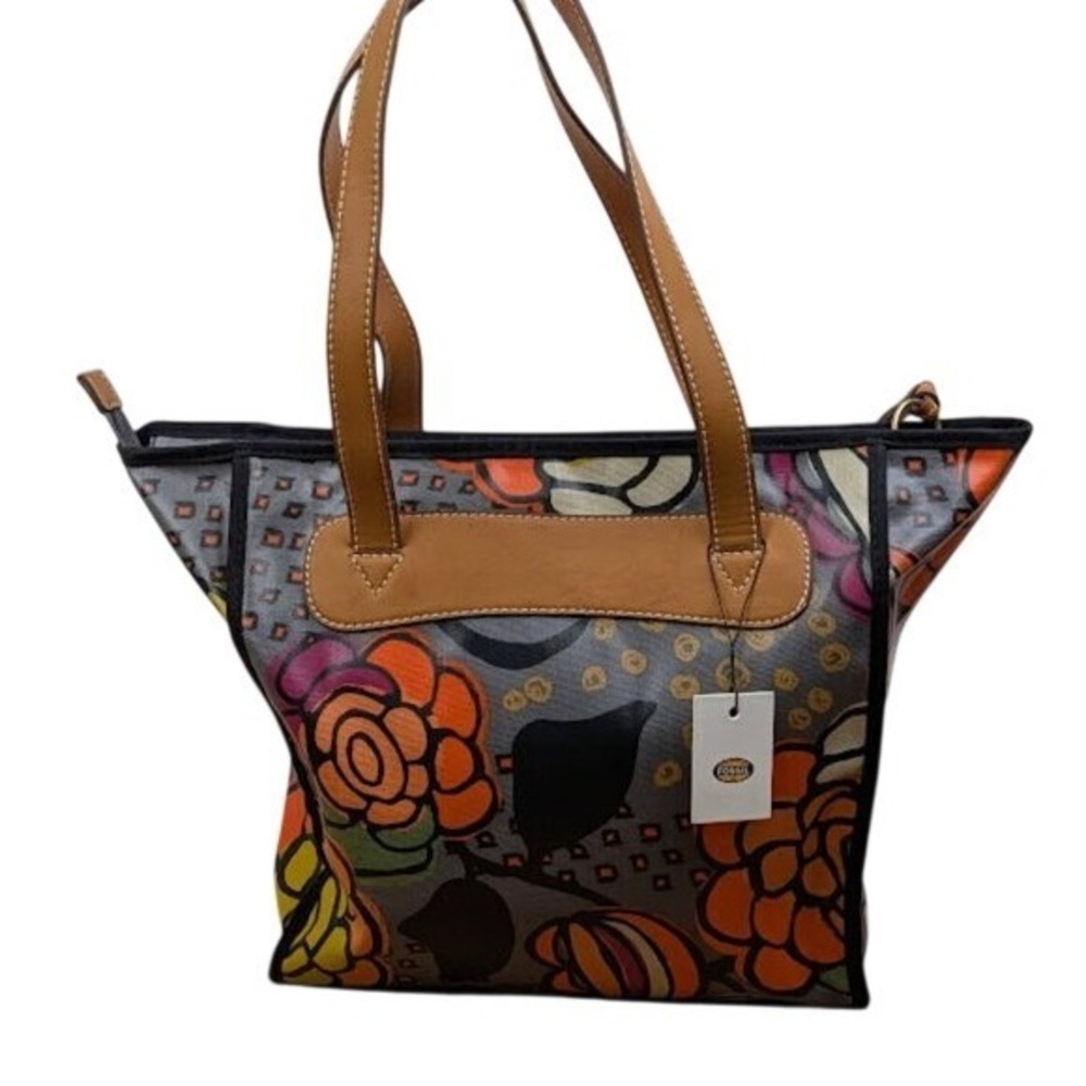 Fossil Key-Per Floral Coated Canvas Tote Bag Grey Orange Tan Leather Trim NEW - Picture 3 of 3